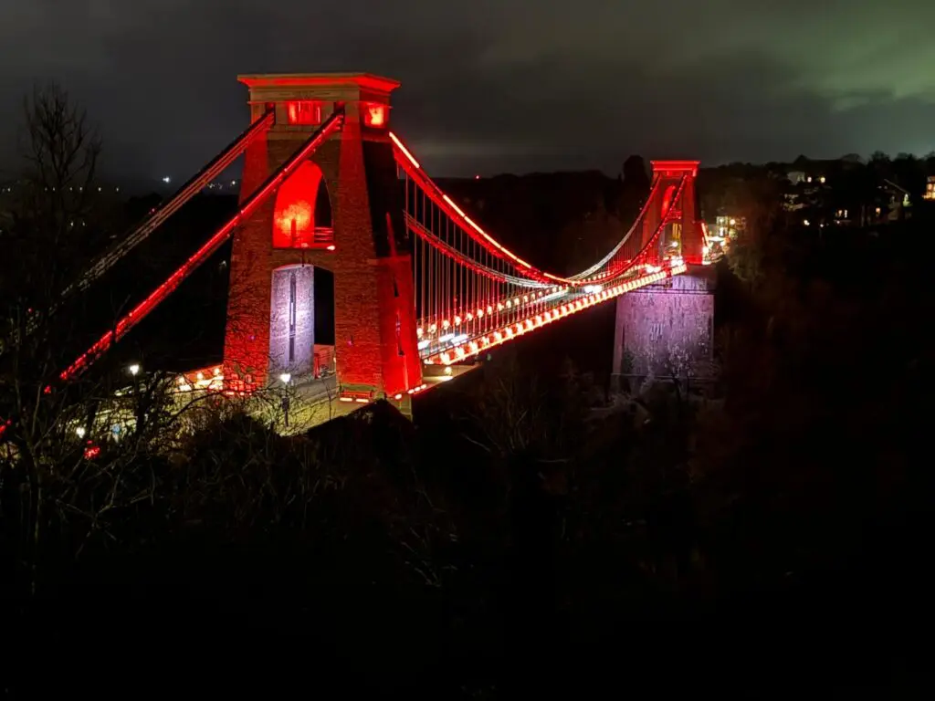 The bridge lit in red