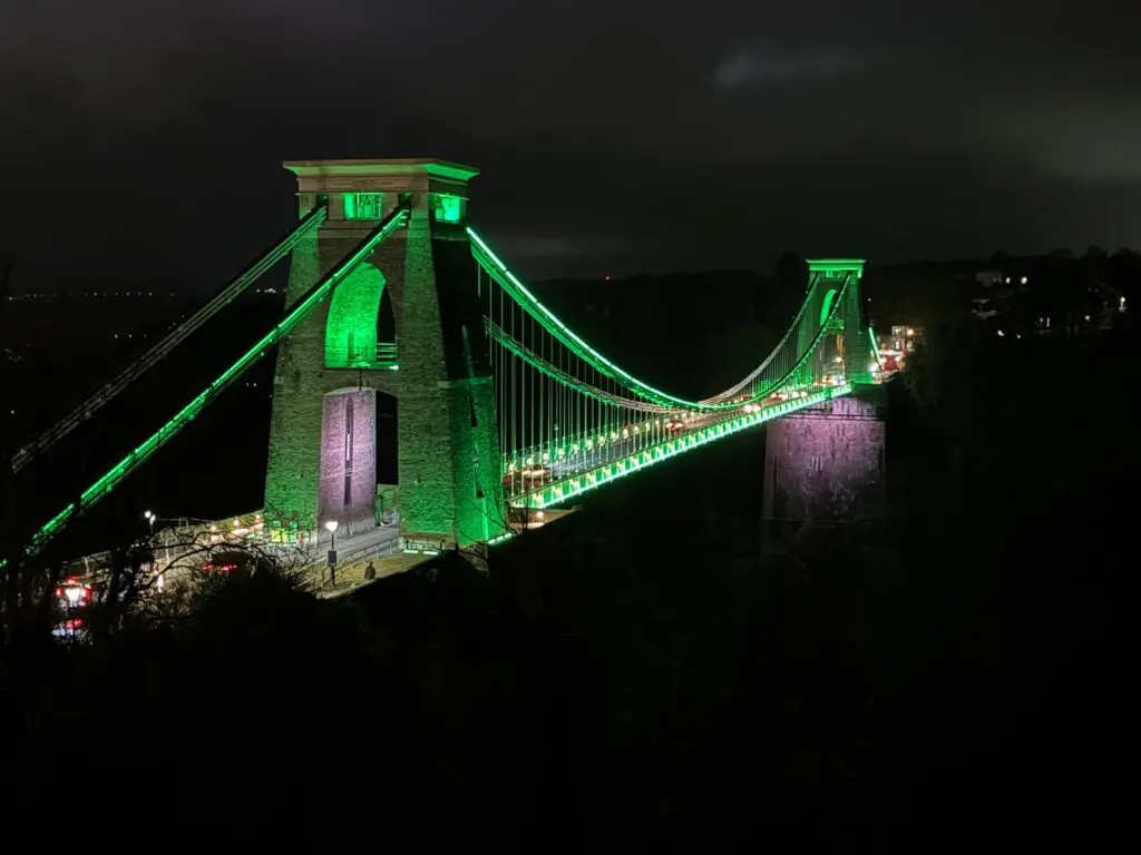 The bridge lit in green