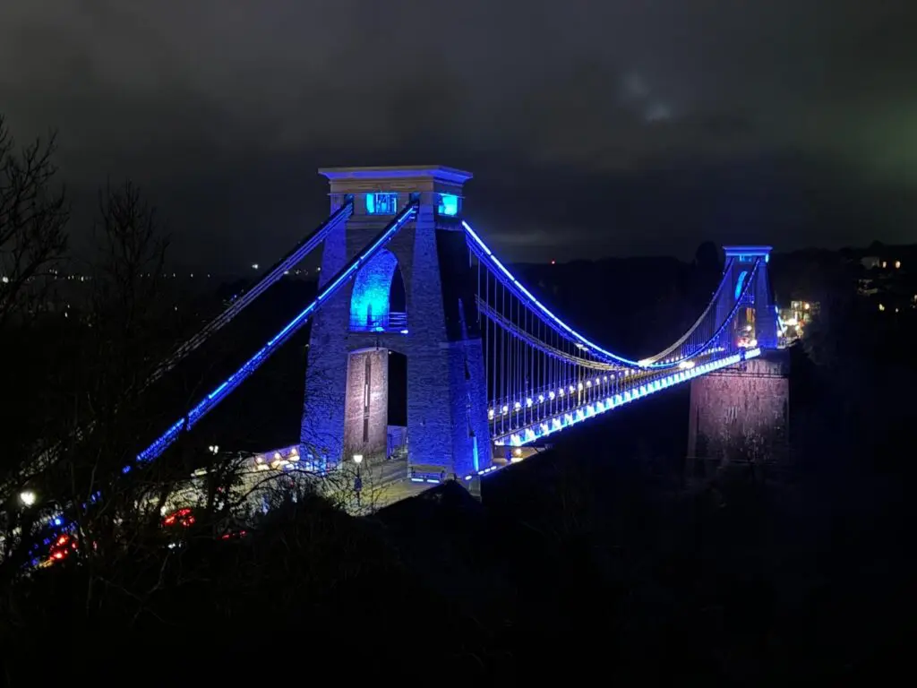 The bridge lit in blue