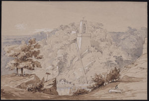 Pen and watercolour artistic sketch showing bridge under construction, c. 1840-1853