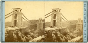 Stereoview of the bridge showing a kiosk from where photographs were sold