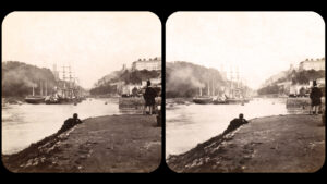 Stereoview of the Avon Gorge showing the bridge incomplete